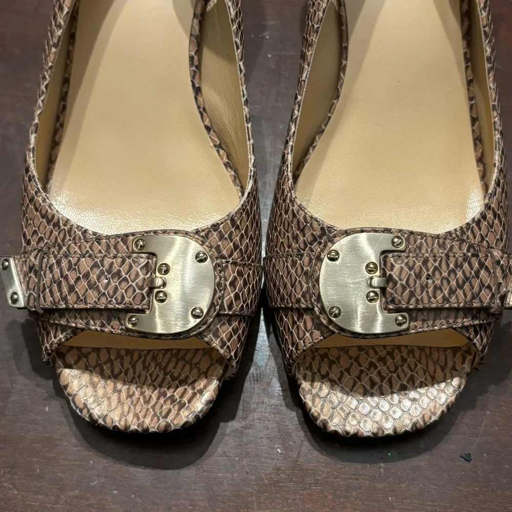 Cole Haan Eliana Tan Snake Skin Print Gold Buckle Sling Back Sz 8.5B Fall Winter